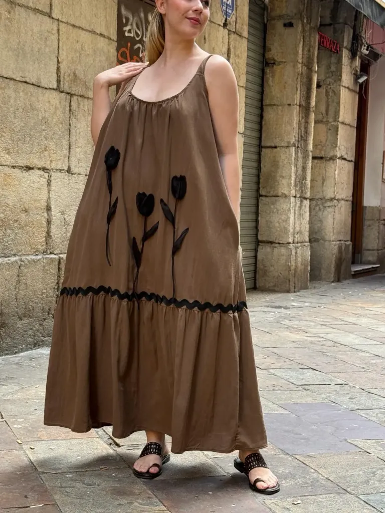 [58C2-B51288L-MAR] Vestido Flor Marrón